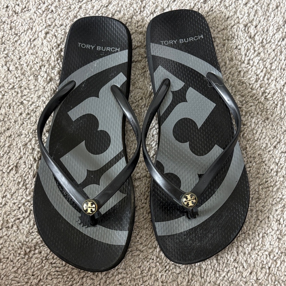 Tory Burch Black and Gray Logo Flip Flops with Gold Emblem